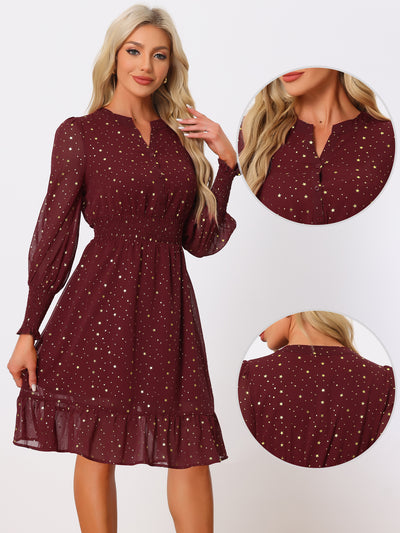 Metallic Star V Neck Button Up Smocked Chiffon Dress