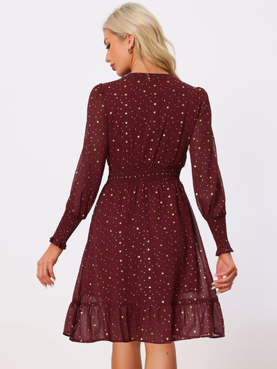 Metallic Star V Neck Button Up Smocked Chiffon Dress