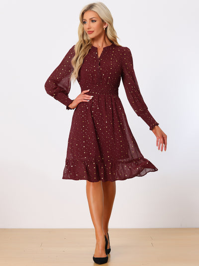 Metallic Star V Neck Button Up Smocked Chiffon Dress