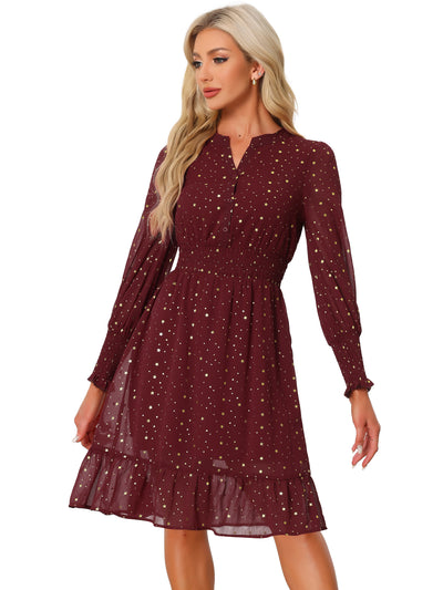 Metallic Star V Neck Button Up Smocked Chiffon Dress