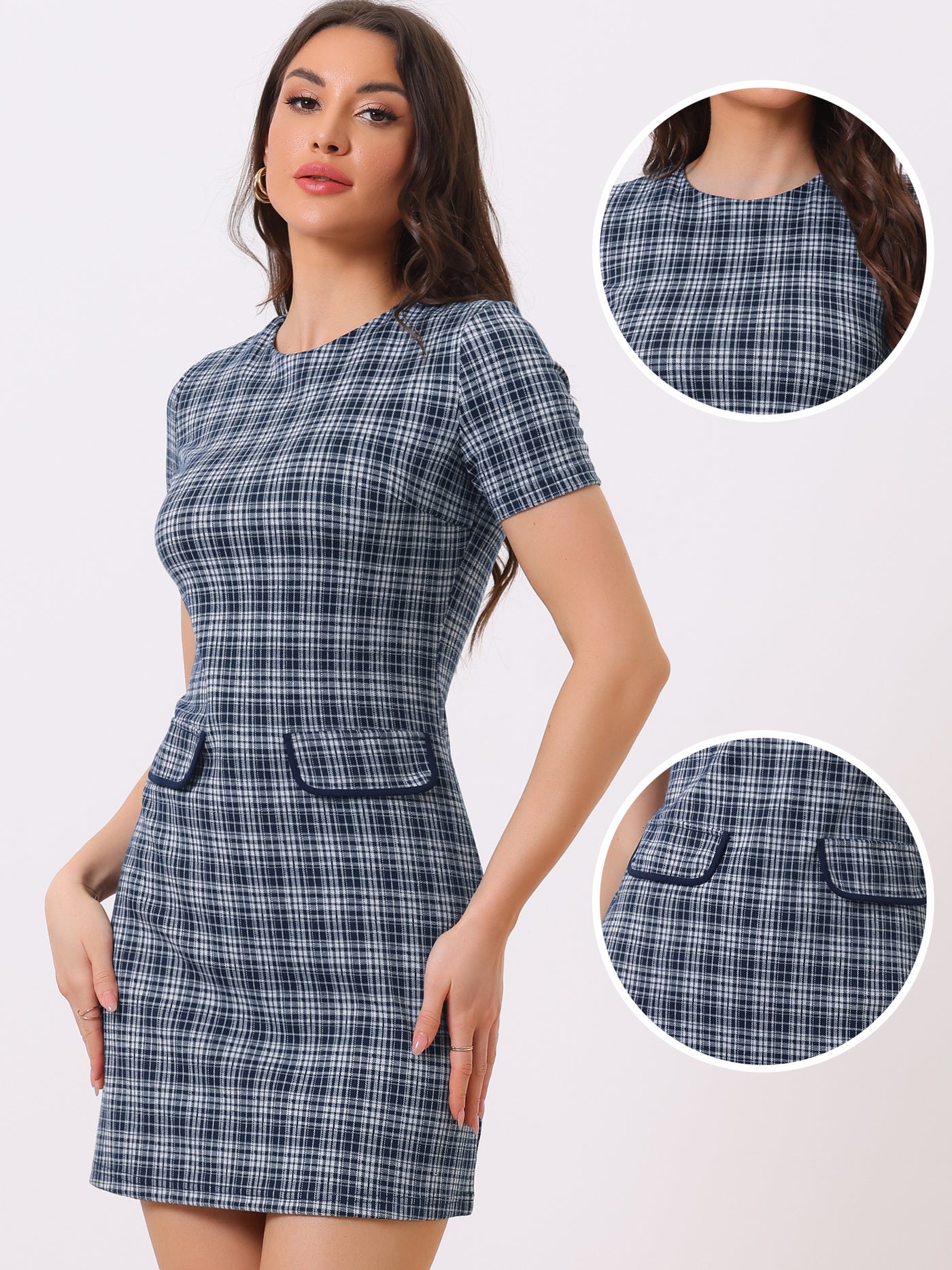 Allegra K Work Short Sleeve Vintage Houndstooth Pencil Sheath Dress