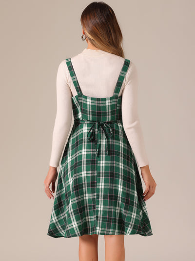 Plaid Vintage Sleeveless Tie Waist A-Line Overall Pinafore Dress