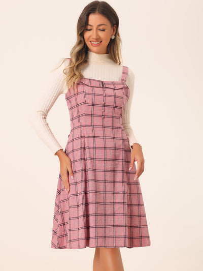 Plaid Vintage Sleeveless Tie Waist A-Line Overall Pinafore Dress