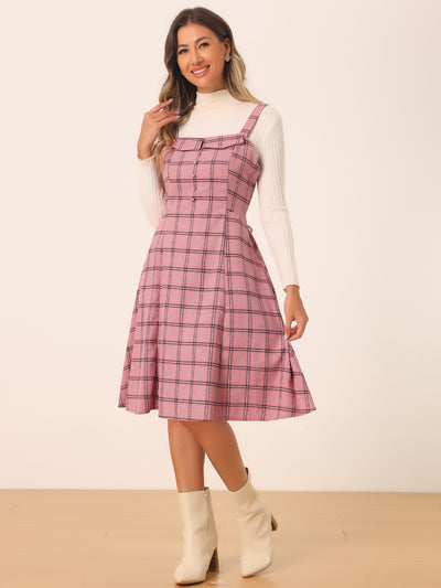 Plaid Vintage Sleeveless Tie Waist A-Line Overall Pinafore Dress