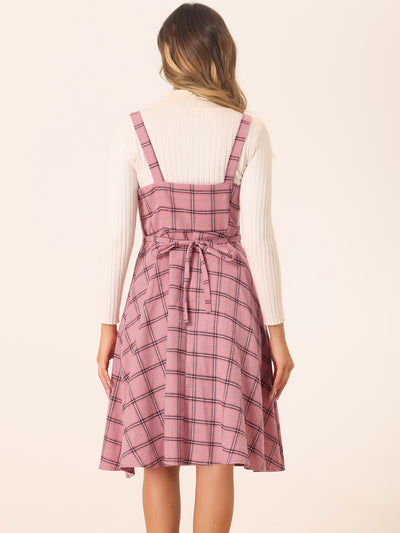 Plaid Vintage Sleeveless Tie Waist A-Line Overall Pinafore Dress