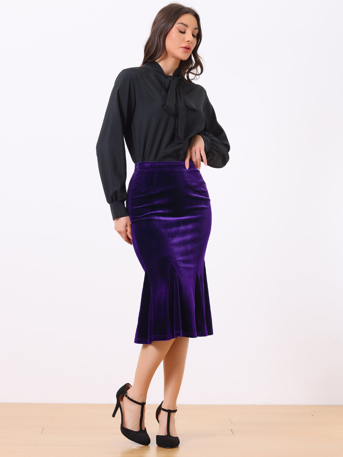 Allegra K Feminine Bodycon Elastic Waist Velvet Fishtail Mermaid Skirt