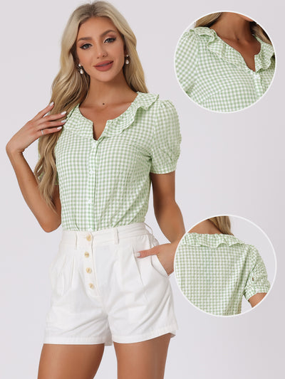 Plaid Blouse Puff Sleeve Ruffle Peter Pan Collar Shirt Top