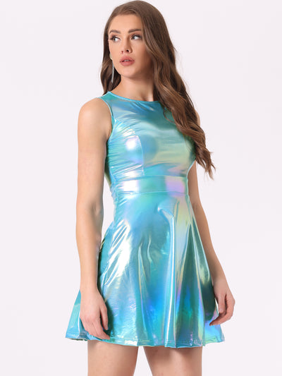 Sleeveless Metallic A-Line Club Party Holographic Mini Dress