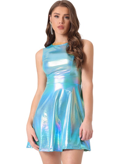 Sleeveless Metallic A-Line Club Party Holographic Mini Dress