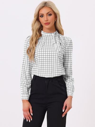 Allegra K Bow Tie Neck Grid Checks Shirt Office Work Tops Blouse