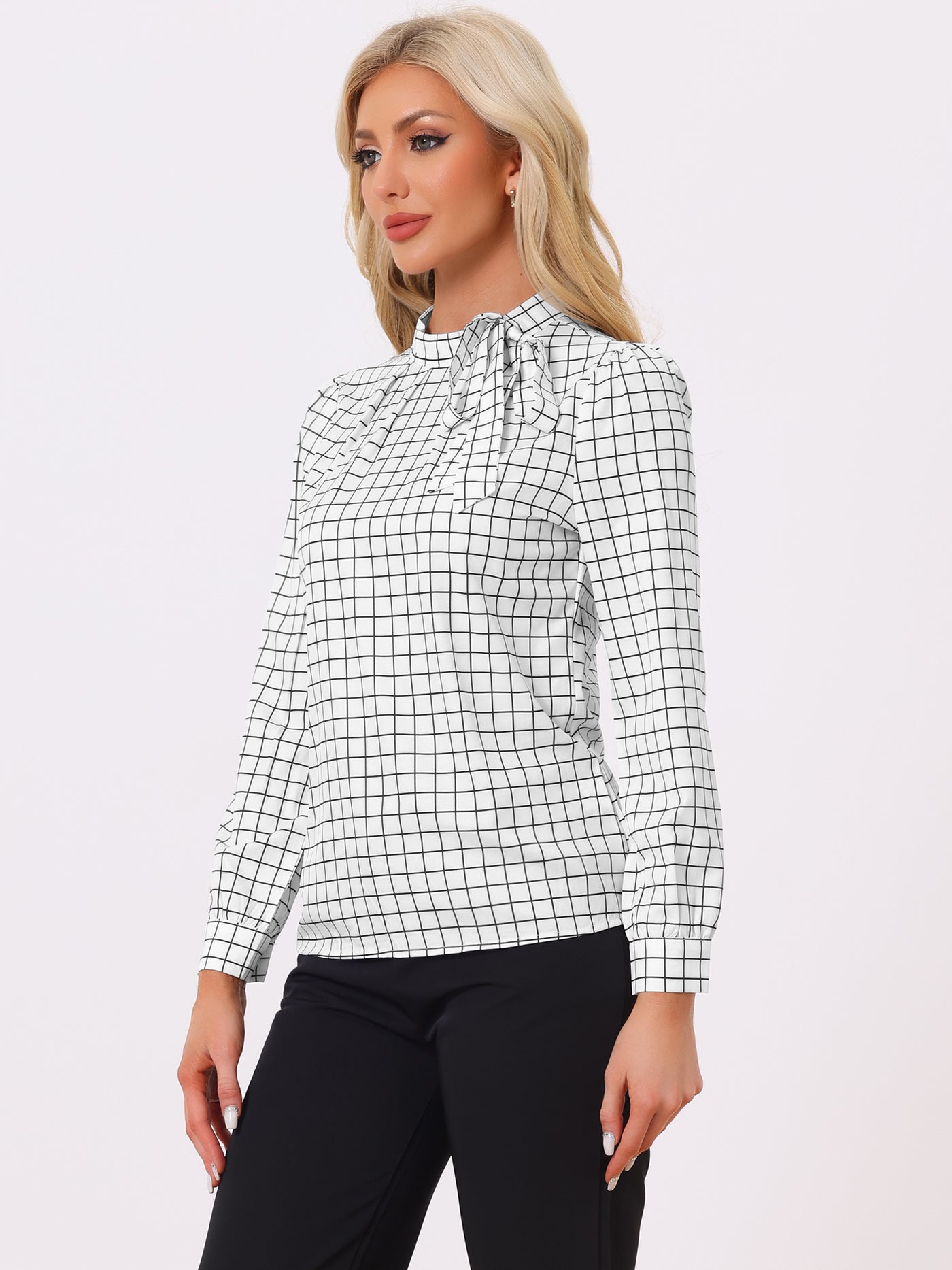 Allegra K Bow Tie Neck Grid Checks Shirt Office Work Tops Blouse