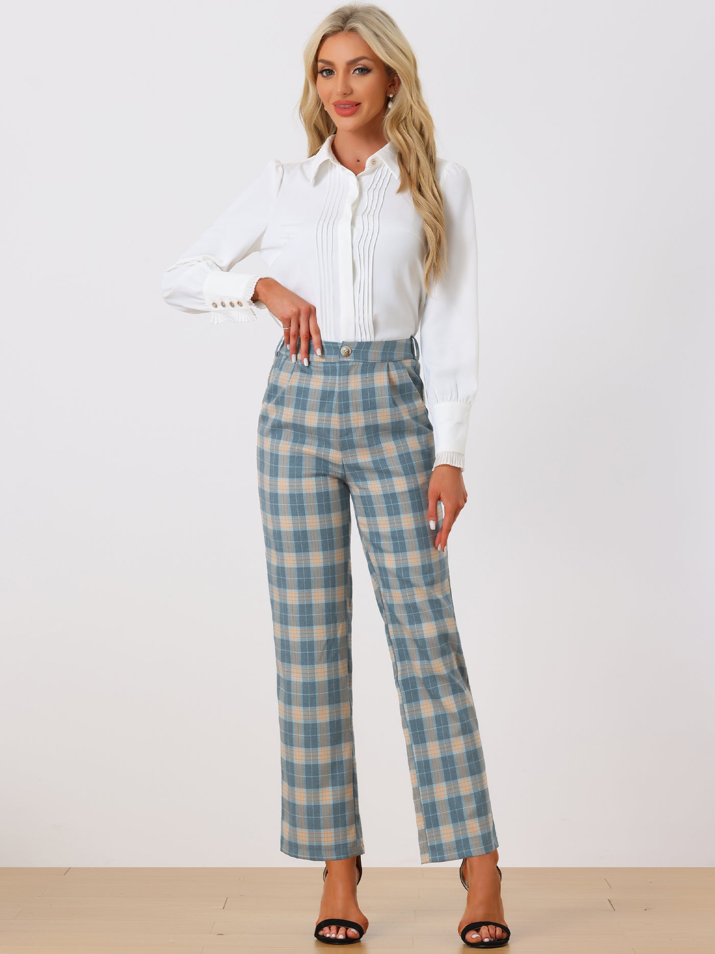 Allegra K Plaid Pants Elastic Waist Casual Work Office Long Trousers