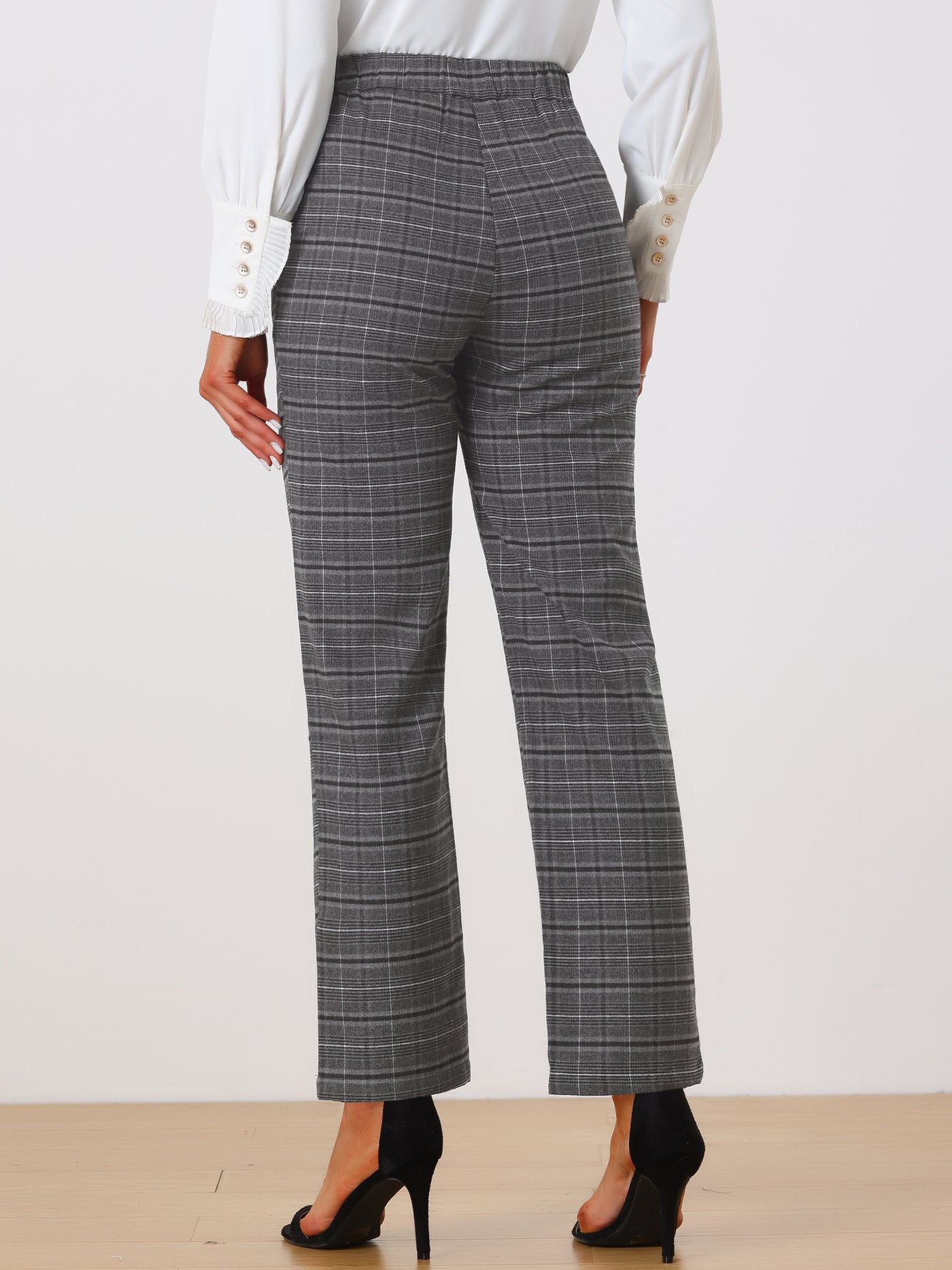 Allegra K Plaid Pants Elastic Waist Casual Work Office Long Trousers