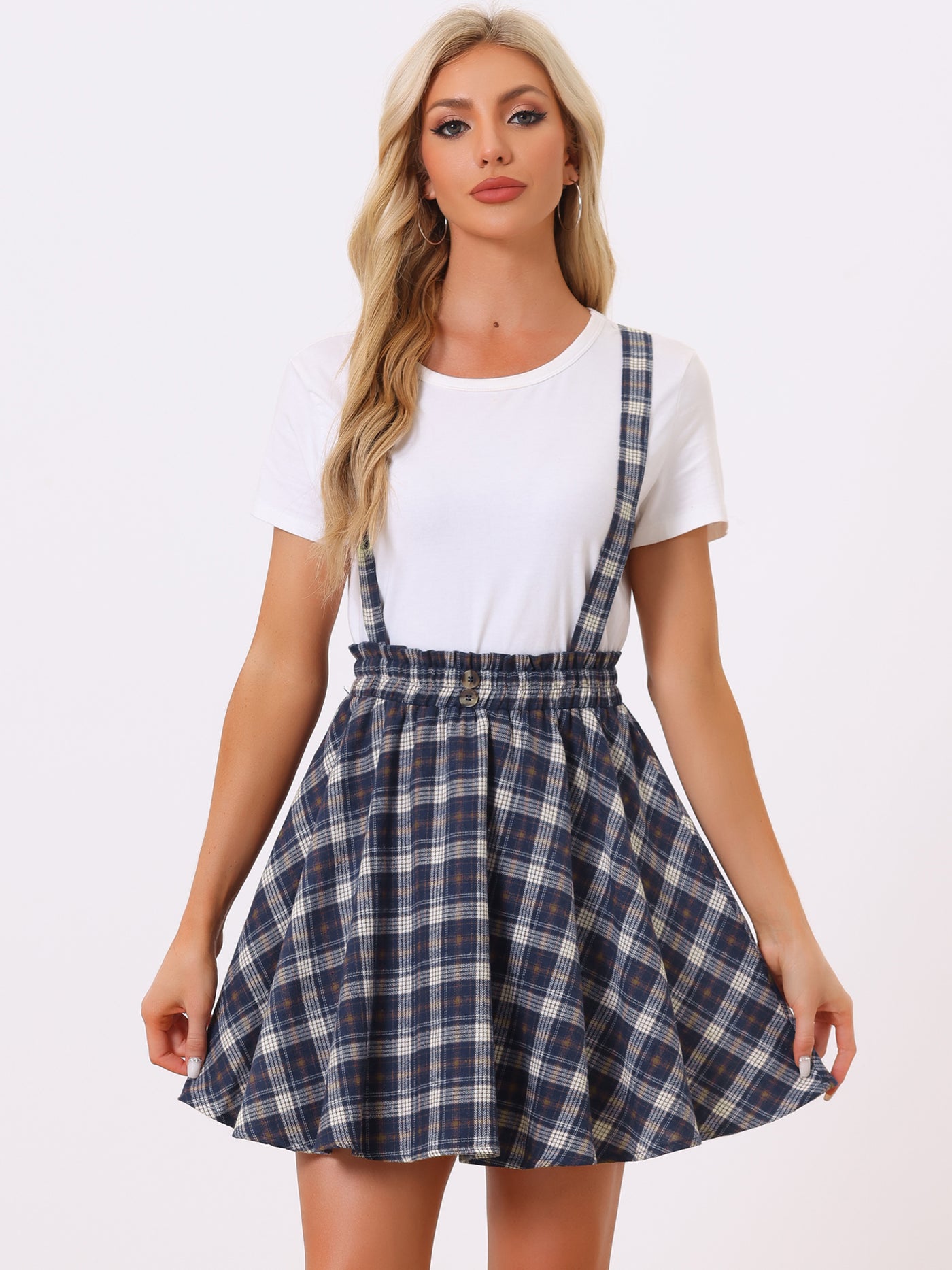 Allegra K Plaid Pleated Mini Tartan Overall Skater Suspender Skirt