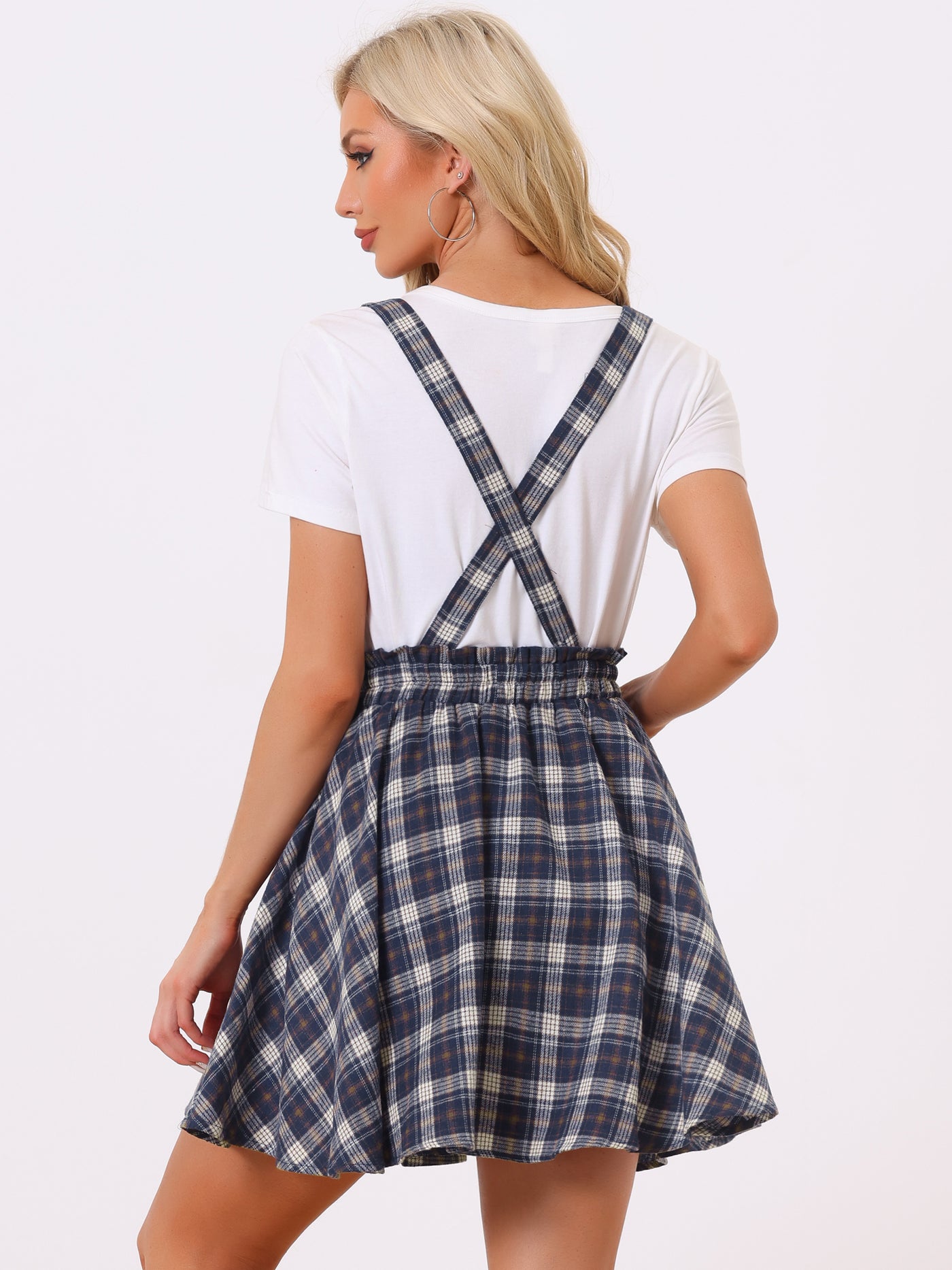 Allegra K Plaid Pleated Mini Tartan Overall Skater Suspender Skirt