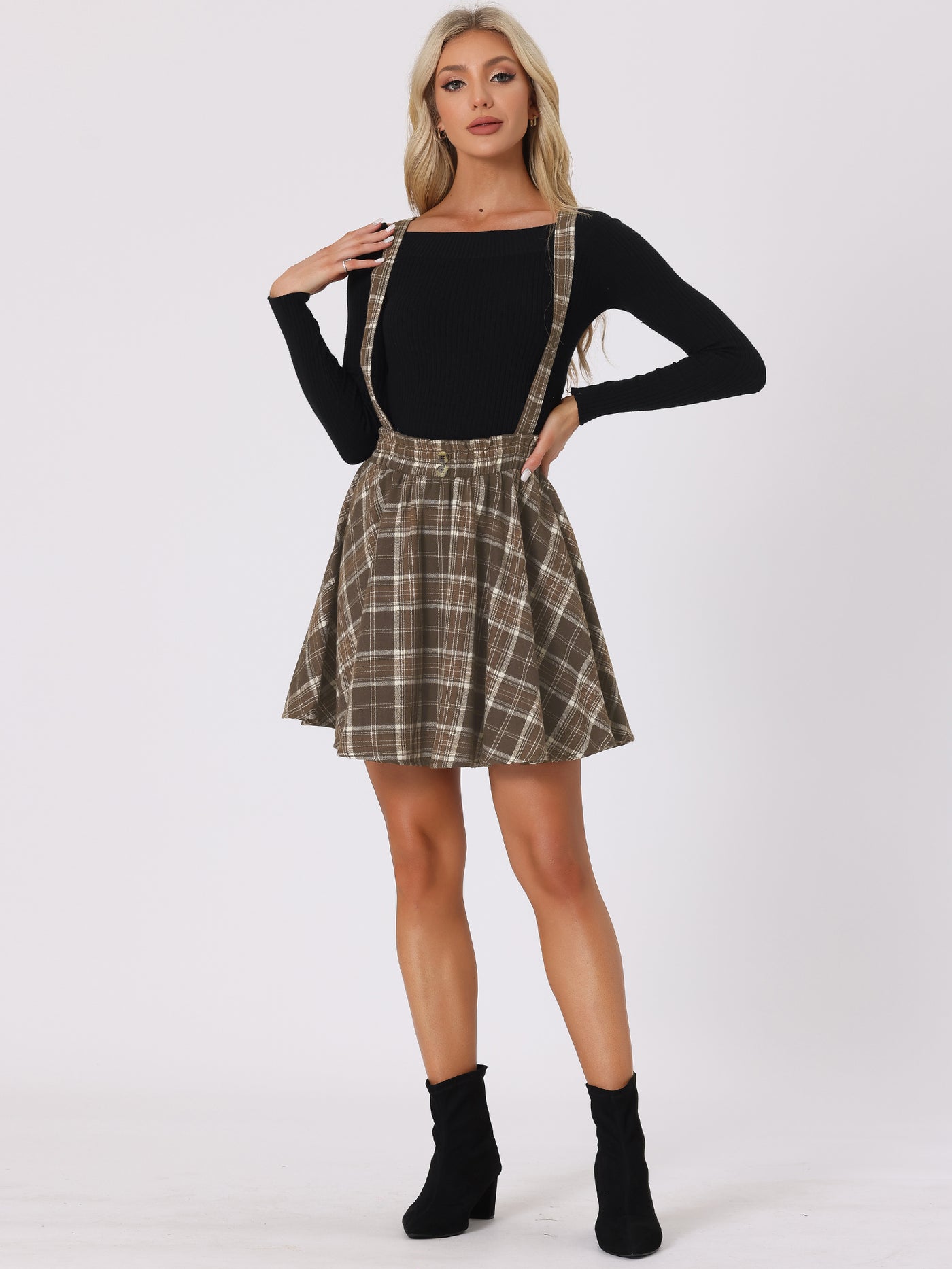 Allegra K Plaid Pleated Mini Tartan Overall Skater Suspender Skirt