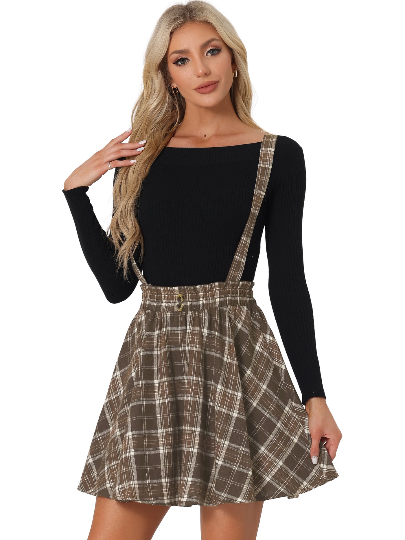 Allegra K Plaid Pleated Mini Tartan Overall Skater Suspender Skirt