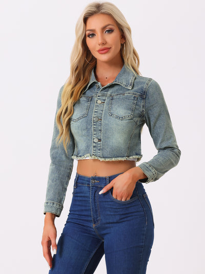 Trendy Frayed Button Up Washed Cropped Denim Jacket