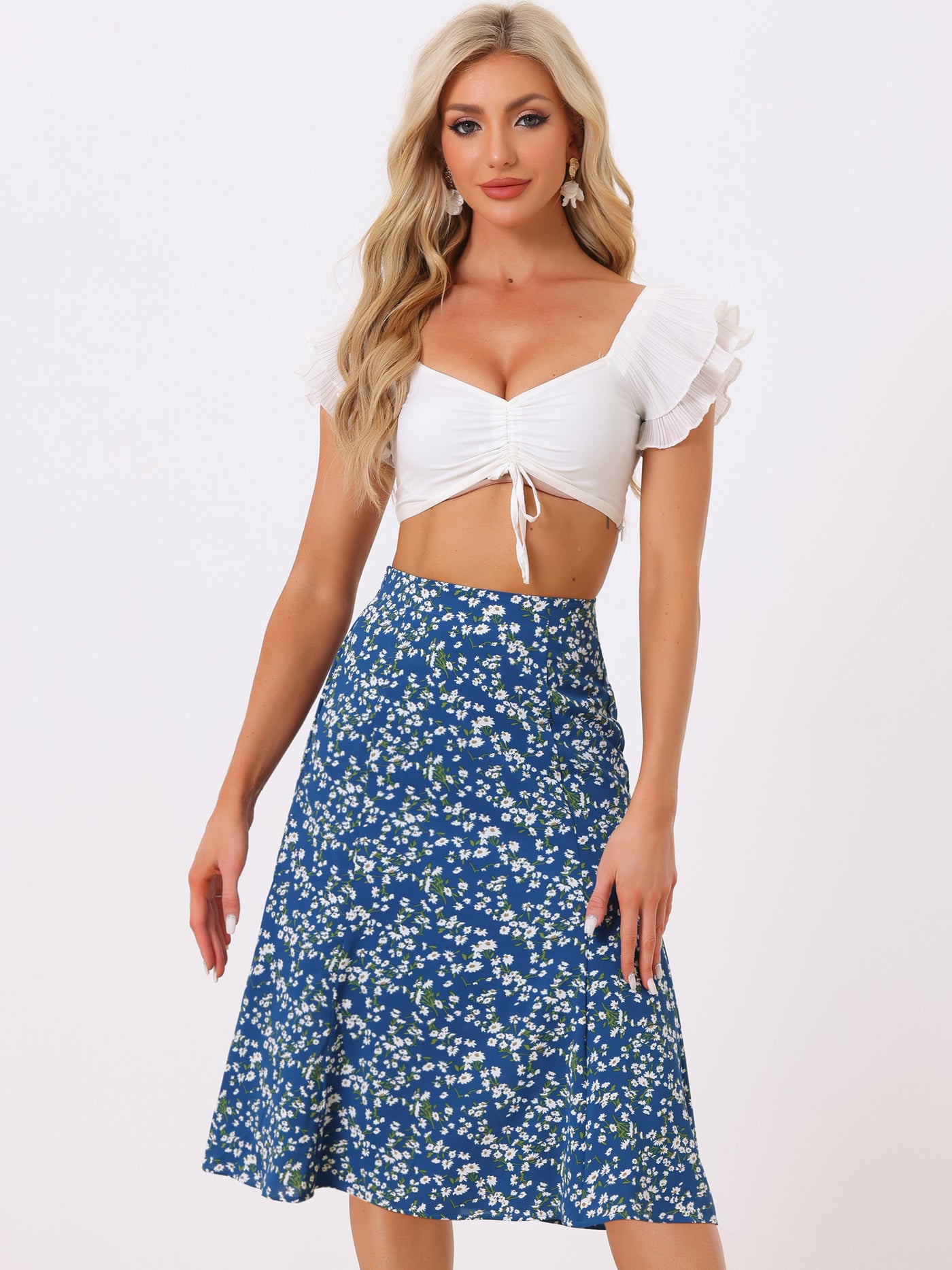 Allegra K Floral Midi Peasant Elastic Waist A-Line Ditsy Leave Print Skirt