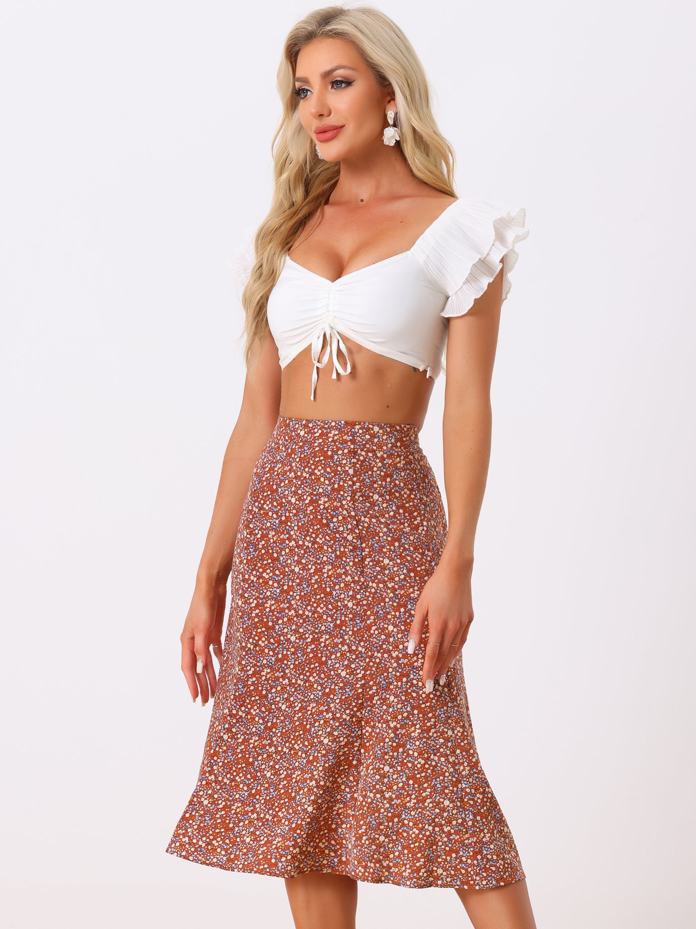 Allegra K Floral Midi Peasant Elastic Waist A-Line Skirt