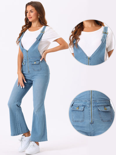 Casual Denim Jumpsuits V Neck Zip Up Bell Bottom Jeans Overall