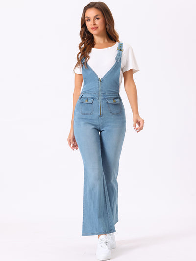 Casual Denim Jumpsuits V Neck Zip Up Bell Bottom Jeans Overall