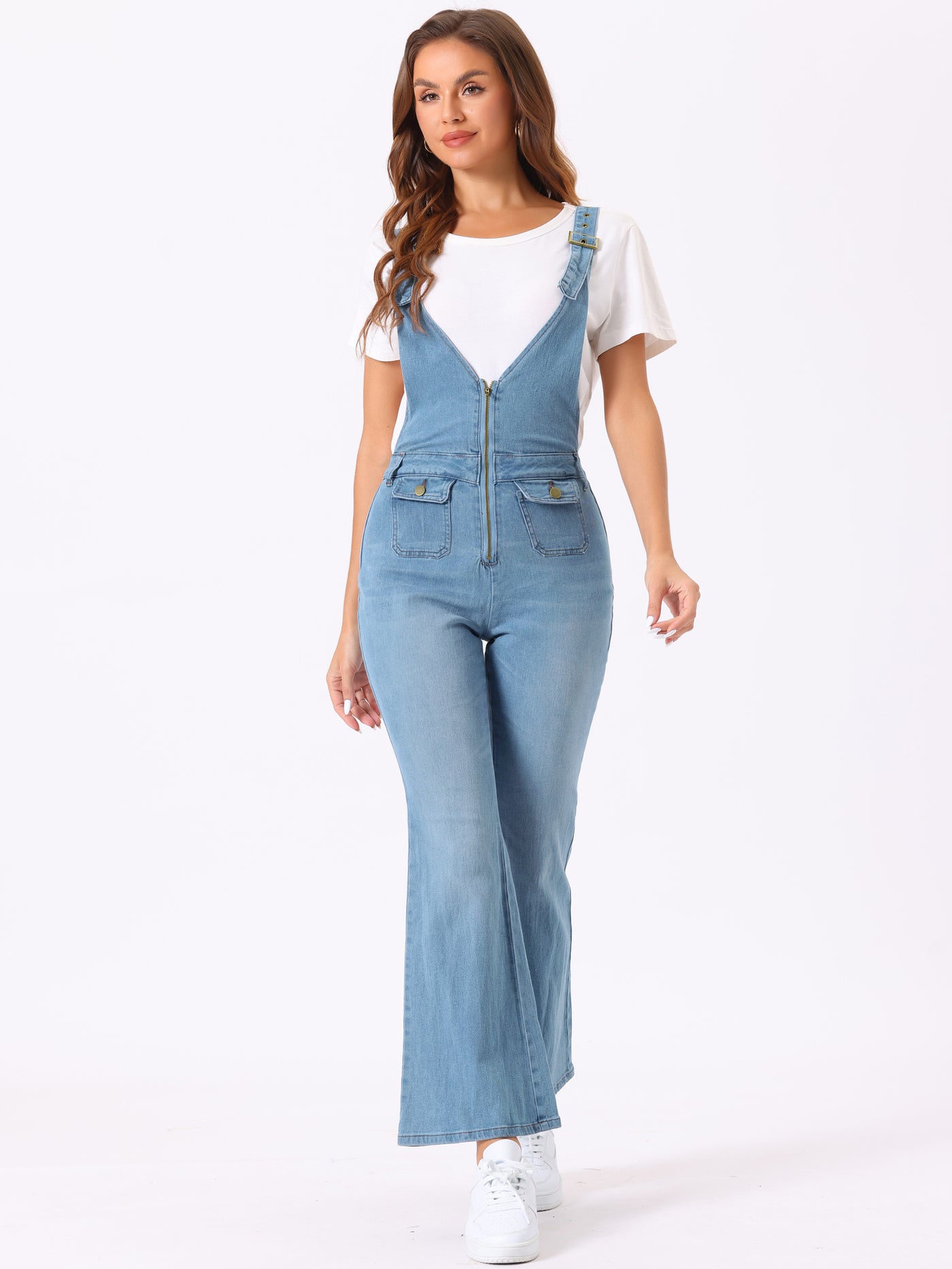 Allegra K Casual Denim Jumpsuits V Neck Zip Up Bell Bottom Jeans Overall