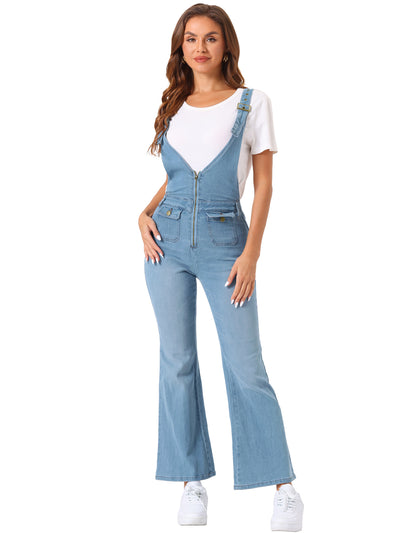 Casual Denim Jumpsuits V Neck Zip Up Bell Bottom Jeans Overall