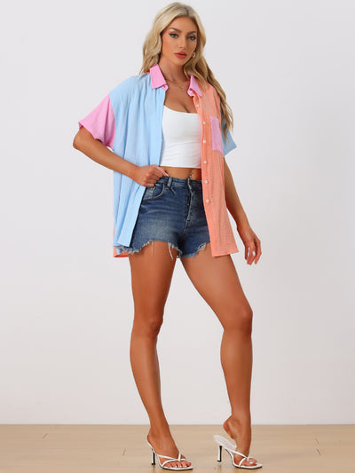 Colorblock Button Down Short Sleeves Textured Shirt Blouse