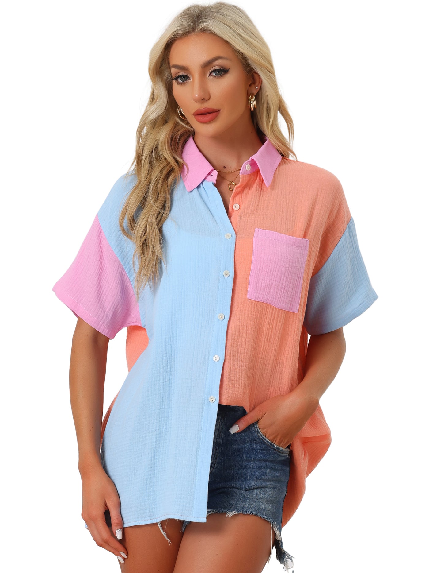 Allegra K Colorblock Button Down Short Sleeves Textured Shirt Blouse