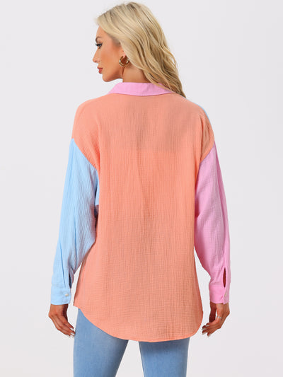 Colorblock Long Sleeve Button Down Textured Shirt Blouse