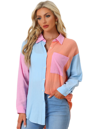 Colorblock Long Sleeve Button Down Textured Shirt Blouse