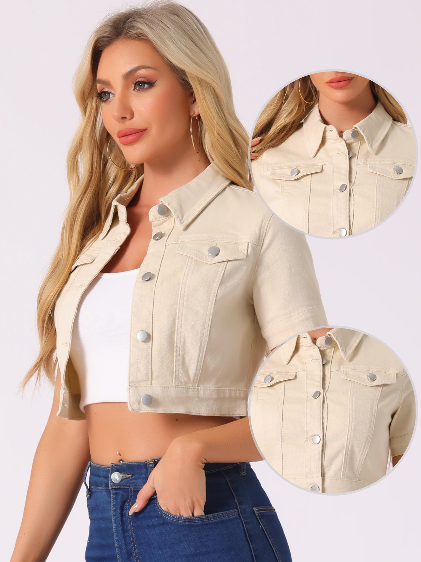 Allegra K Casual Lapel Short Sleeve Crop Top Jean Denim Jacket