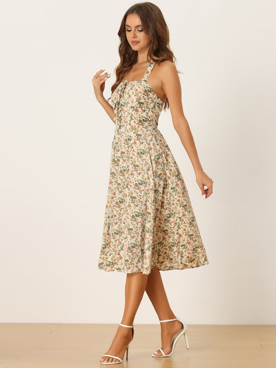 Halter Neck Floral Summer Sundress Sleeveless Lace Up Midi Dress