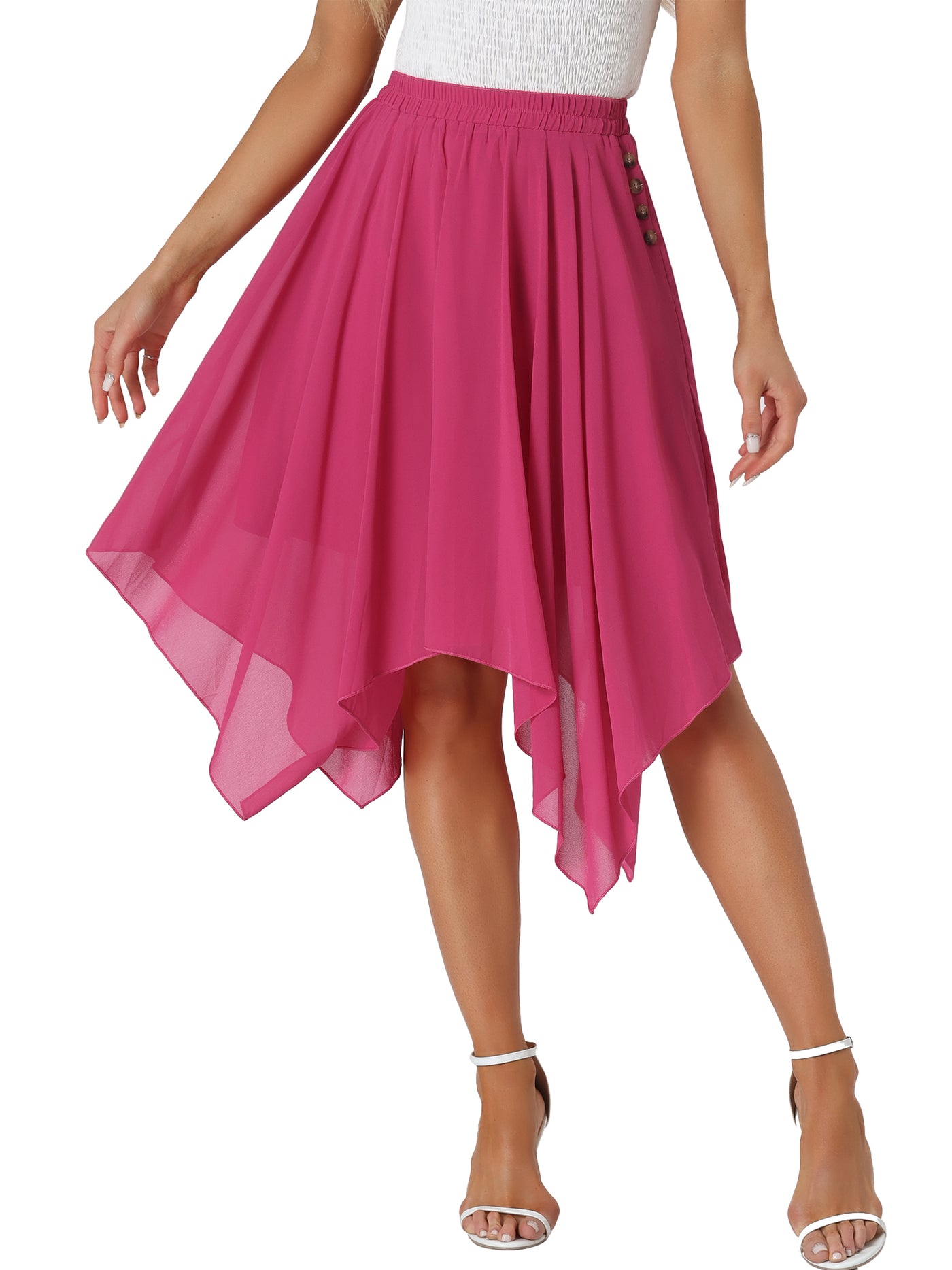 Allegra K Elastic Waist Chiffon Handkerchief Hem Midi Skirt