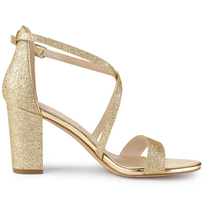 Glitter Crisscross Strap Block Heel Sandals