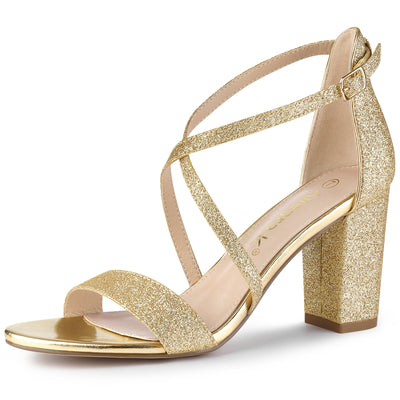 Glitter Crisscross Strap Block Heel Sandals