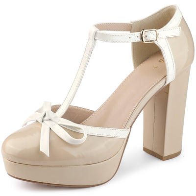 Platform Bow T Strap Chunky Heel Pumps