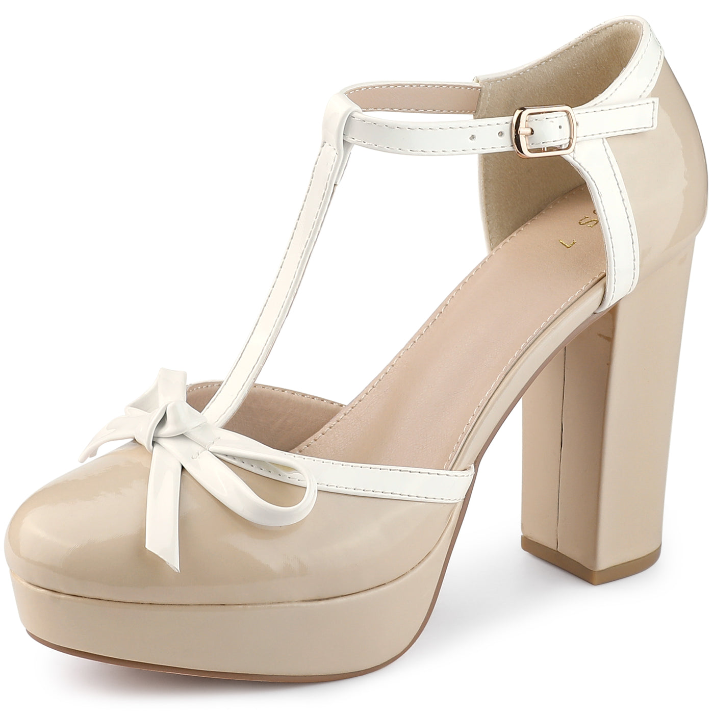 Allegra K Platform Bow T Strap Chunky Heel Pumps