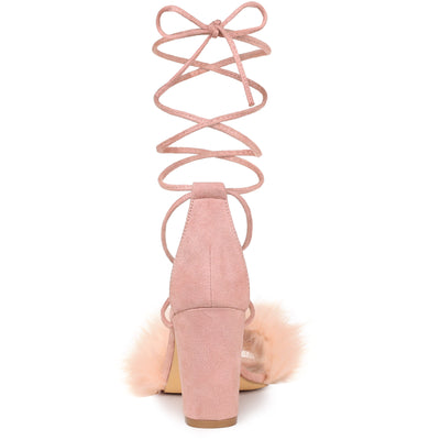 Faux Fur Open Toe Lace Up Strappy Chunky Heel Sandals