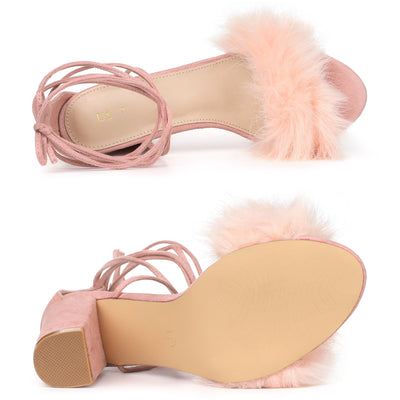 Faux Fur Open Toe Lace Up Strappy Chunky Heel Sandals