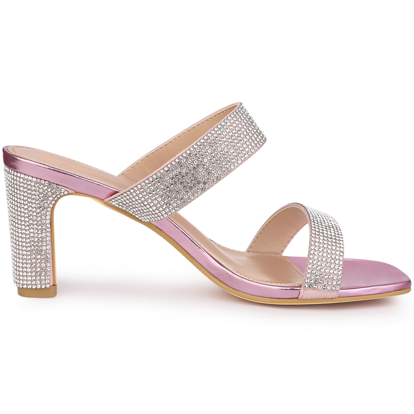 Allegra K Square Open Toe Rhinestone Chunky Heel Slide Sandals