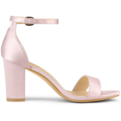 Satin Open Toe Ankle Strap Chunky Heel Sandals