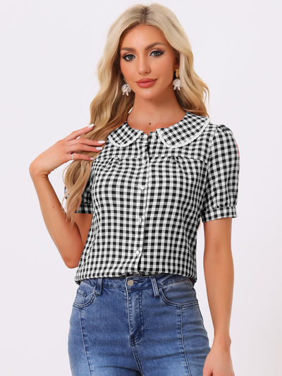 Peter Pan Collar Gingham Plaid Puff Sleeve Button Down Shirt