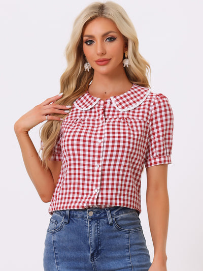 Peter Pan Collar Gingham Plaid Puff Sleeve Button Down Shirt