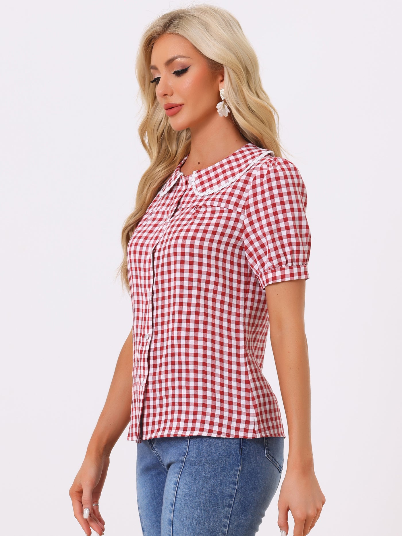 Allegra K Peter Pan Collar Gingham Plaid Puff Sleeve Button Down Shirt