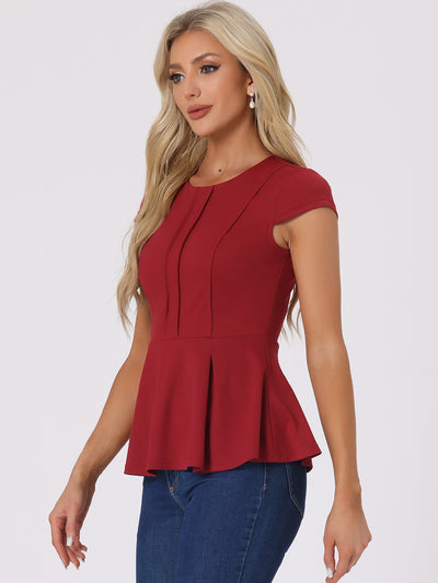 Elegant Round Neck Solid Color Cap Sleeve Peplum Blouse