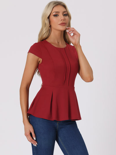 Elegant Round Neck Solid Color Cap Sleeve Peplum Blouse