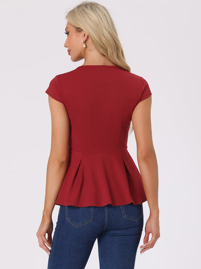 Elegant Round Neck Solid Color Cap Sleeve Peplum Blouse