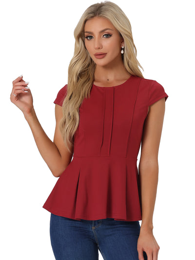 Elegant Round Neck Solid Color Cap Sleeve Peplum Blouse